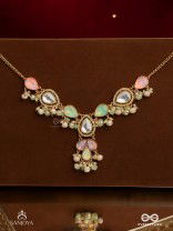 PRITHULAA - DELICATE DROP- PASTEL DROPS KUNDAN NECKPIECE WITH PEARL ACCENTS, GEMSTONES AND BEADS