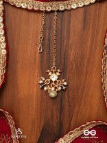 HARSHITA - THE JOYFUL ONE- DELICATE PEARL MAANGTIKA WITH MINI KUNDAN BLOOMS AND GREEN GEM DROPLETS