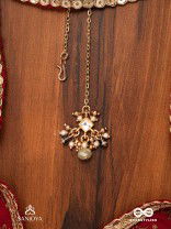 HARSHITA - THE JOYFUL ONE- DELICATE PEARL MAANGTIKA WITH MINI KUNDAN BLOOMS AND GREEN GEM DROPLETS