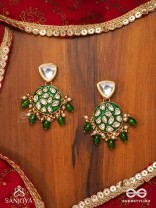 ARUNODAYA - DAWN RAYS- SYMMETRICAL KUNDAN POLKI EARRINGS WITH EMERALD GREEN ENAMEL ACCENT, PEARLS AND BEADS