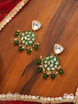 ARUNODAYA - DAWN RAYS- SYMMETRICAL KUNDAN POLKI EARRINGS WITH EMERALD GREEN ENAMEL ACCENT, PEARLS AND BEADS