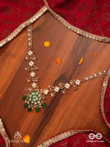 ARUNODAYA - DAWN RAYS- SYMMETRICAL KUNDAN POLKI NECKPIECE WITH EMERALD GREEN ENAMEL ACCENT, PEARLS AND BEADS