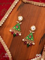 RANGLEKHA - LINES OF COLOR-  LAYERED GOLDEN CHAINED KUNDAN EARRINGS WITH VIBRANT GEM DROPS AND FLORAL ENAMELED EDGES