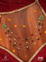 RANGLEKHA - LINES OF COLOR-  LAYERED GOLDEN CHAINED KUNDAN NECKPIECE WITH VIBRANT GEM DROPS AND FLORAL ENAMELED EDGES
