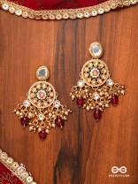 TRIBANDHURA - THREE-STRANDED BEAUTY-  KUNDAN EARRING WITH FLORAL ENAMELLED MEDALLIONS AND RUBY DROPS