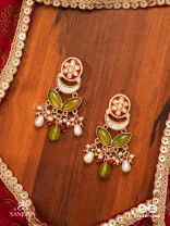 TULSIRAGA - TOUCH OF TULSI- ELEGANT PEARL LAYERED EARRINGS WITH KUNDAN, GEMSTONE AND RICH RUBY DROPLETS