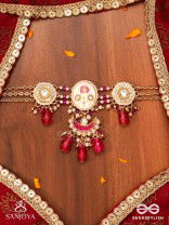 KAMALANGI - LOTUS-BODIED- FLORAL ENAMEL CENTRE DESIGN NECKPIECE WITH TRIPLE CHAIN LAYERS AND RUBY BAEDS AND PEARLS