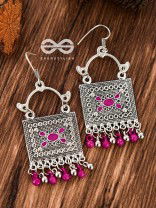 The Embellished Trunk - Oxidised Boho Earrings (Silver-Pink)