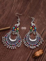 The Fanning Enamelled Peacocks - Oxidised Boho Earrings