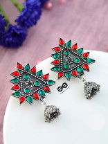 The Ethnic Wonders (Red Green) - Embellished Oxidised Earrings