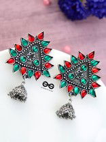 The Ethnic Wonders (Red Green) - Embellished Oxidised Earrings