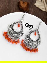The Intricate Motif Drops (Orange) - Oxidised Boho Earrings