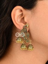 The Intricate Peacocks (Golden) - Triple Boho Jhumki Earrings