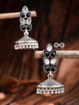 The Olive Branch Intricate Jhumkis - Black White - The Embellished Oxidised Collection