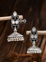 The Olive Branch Intricate Jhumkis - Black White - The Embellished Oxidised Collection