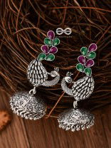 The Dancing Peacocks Engraved Jhumkis (Ruby Emerald) - Embellished Oxidised Collection
