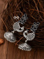 The Dancing Peacocks Engraved Jhumkis (Onyx Black) - Embellished Oxidised Collection