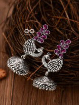 The Dancing Peacocks Engraved Jhumkis (Ruby Red) - Embellished Oxidised Collection