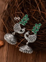 The Dancing Peacocks Engraved Jhumkis (Emerald Green) - Embellished Oxidised Collection