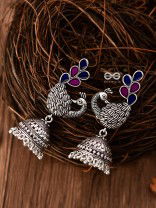 The Enamelled Dancing Peacocks Meenakari Artwork Jhumkas - (Pink-Blue)