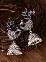 The Enamelled Dancing Peacocks Meenakari Artwork Jhumkas - (Multicoloured)