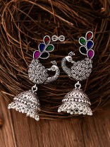 The Enamelled Dancing Peacocks Meenakari Artwork Jhumkas - (Multicoloured)