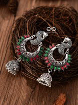 The Intricate Enamelled Peacocks Meenakari Artwork Jhumkas - (Red-Green)