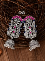 The Intricate Enamelled Peacocks Meenakari Artwork Jhumkas - (Pink-Blue)
