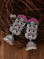 The Intricate Enamelled Peacocks Meenakari Artwork Jhumkas - (Pink-Blue)