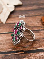 The Scarlett Ring (Adjustable) - Ruby-Emerald - The Embellished Oxidised Collection