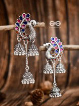 The Enamelled Peacocks Triple Jhumki Statement Earrings - Blue-Pink-Brown