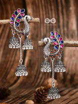 The Enamelled Peacocks Triple Jhumki Statement Earrings - Blue-Pink-Brown
