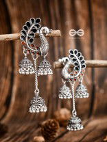 The Enamelled Peacocks Triple Jhumki Statement Earrings - Black-Brown