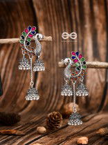 The Enamelled Peacocks Triple Jhumki Statement Earrings - Blue-Pink-Green-Brown
