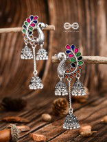 The Enamelled Peacocks Triple Jhumki Statement Earrings - Blue-Pink-Green-Brown