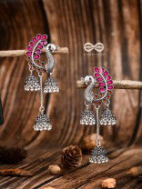 The Enamelled Peacocks Triple Jhumki Statement Earrings - Pink-Brown