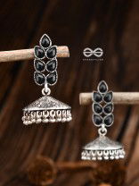 The Olive Branch Intricate Jhumkis - Onyx Black - The Embellished Oxidised Collection