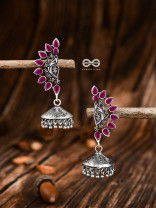 The Bohemian Elegance Floral Jhumkis (Ruby Red) - Oxidised Embellished Collection