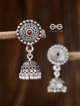 The Little Aztec Jhumkis (Ruby Red) - Embellished Oxidised Collection