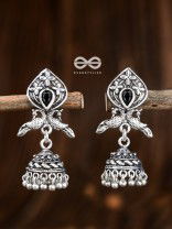 The Twin Peacock Artwork Jhumkis (Onyx Black) - Embellished Oxidised Collection
