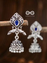 The Twin Peacock Artwork Jhumkis (Sapphire Blue) - Embellished Oxidised Collection