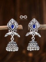The Twin Peacock Artwork Jhumkis (Sapphire Blue) - Embellished Oxidised Collection