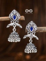 The Twin Peacock Artwork Jhumkis (Sapphire Blue) - Embellished Oxidised Collection