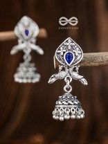 The Twin Peacock Artwork Jhumkis (Sapphire Blue) - Embellished Oxidised Collection