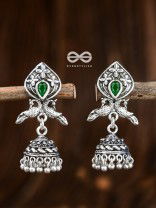 The Twin Peacock Artwork Jhumkis (Emerald Green) - Embellished Oxidised Collection