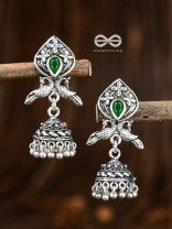 The Twin Peacock Artwork Jhumkis (Emerald Green) - Embellished Oxidised Collection