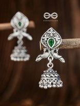 The Twin Peacock Artwork Jhumkis (Emerald Green) - Embellished Oxidised Collection