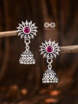 The Artsy Floral Jhumkis (Ruby Red) - Embellished Oxidised Collection