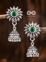 The Artsy Floral Jhumkis (Emerald Green) - Embellished Oxidised Collection