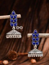 The Olive Branch Intricate Jhumkis - Royal Blue - The Embellished Oxidised Collection